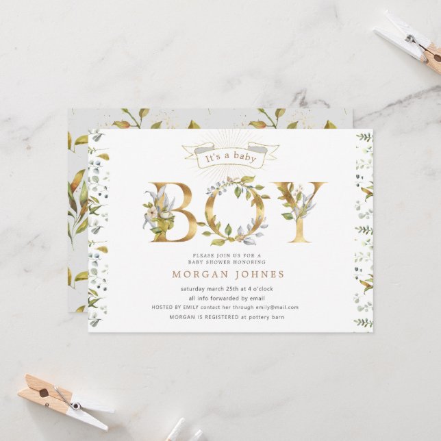 floral gold baby shower it's a boy invitation (Front/Back In Situ)