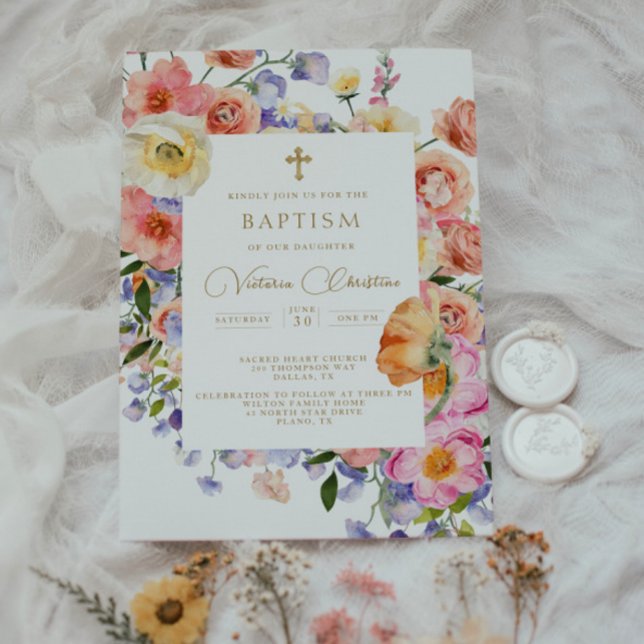 Floral Gold Baptism Christening Invitation (Creator Uploaded)