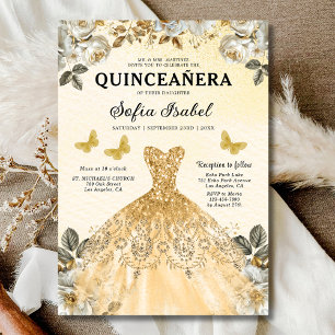 Floral Gold Bilingual Spanish Quinceanera Invitation
