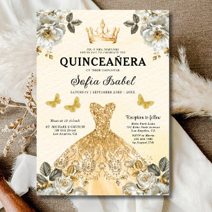 Floral Gold Bilingual Spanish Quinceanera Invitation