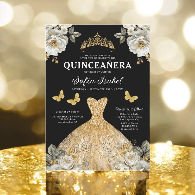 Floral Gold Bilingual Spanish Quinceanera Invitation (Creator Uploaded)