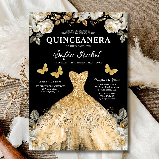 Floral Gold Black Butterfly Princess Quinceanera Invitation (Creator Uploaded)
