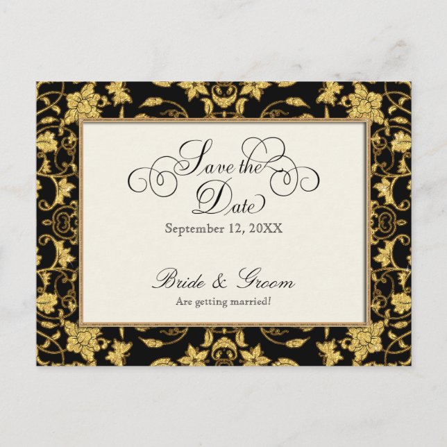 Floral Gold Black Formal Wedding Save the Date Announcement Postcard (Front)