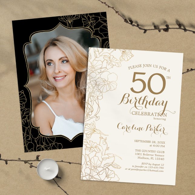 Floral Gold Black Photo 50th Birthday Party Invitation (Creator Uploaded)