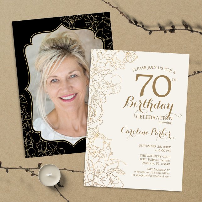 Floral Gold Black Photo 70th Birthday Party Invitation (Creator Uploaded)