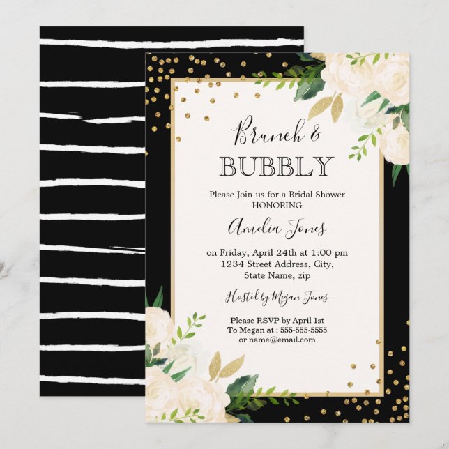 Floral Gold Black Stripes Brunch And Bubbly Shower Invitation (Front/Back)