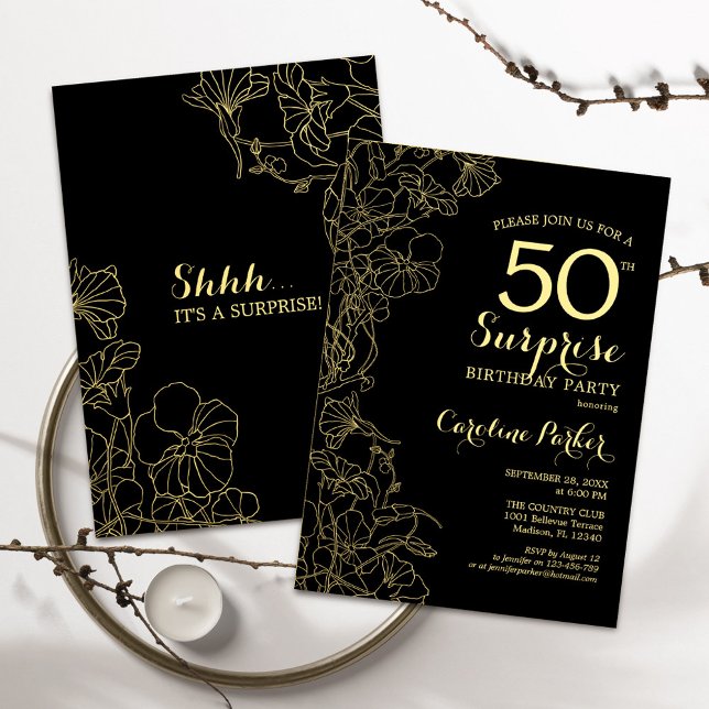 Floral Gold Black Surprise 50th Birthday Party Invitation (Creator Uploaded)