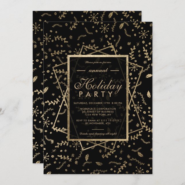 Floral Gold black winter corporate holiday Invitation (Front/Back)