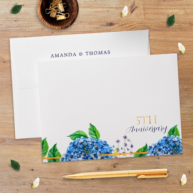 Floral Gold Blue Hydrangea 5th Wedding Anniversary Envelope (Creator Uploaded)