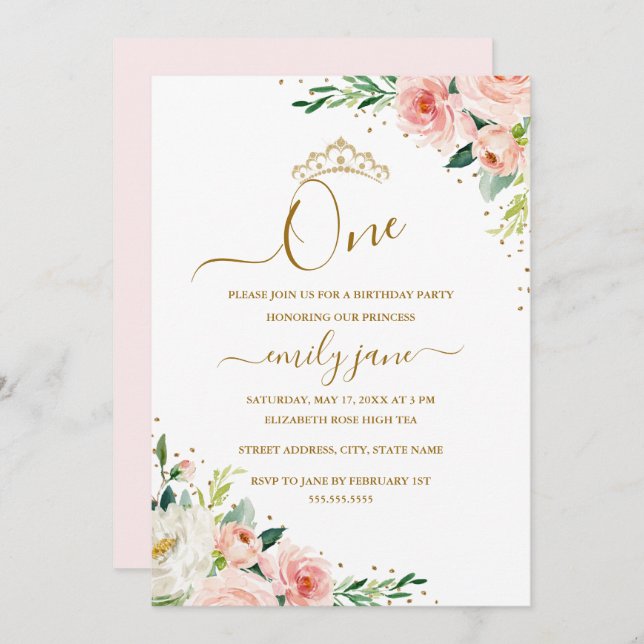 Floral Gold Blush Girl 1st Birthday Party Invitation (Front/Back)
