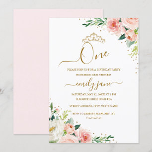 Floral Gold Blush Girl 1st Birthday Party Invitation