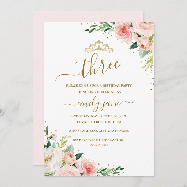 Floral Gold Blush Girl 3rd Birthday Party Invitation (Front/Back)