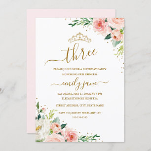 Floral Gold Blush Girl 3rd Birthday Party Invitation