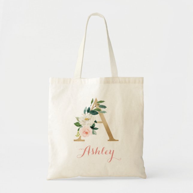 Floral Gold Blush Personalised Letter "A" Tote Bag (Front)