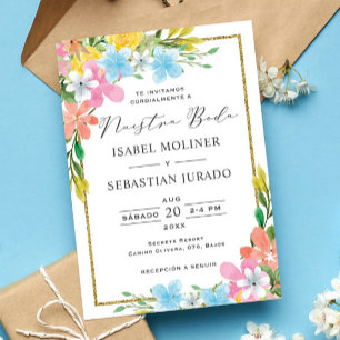 Floral Gold Border Nuestra Boda Spanish Wedding Invitation