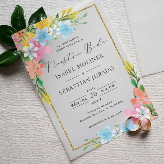 Floral Gold Border Nuestra Boda Spanish Wedding Vellum Invitations (Creator Uploaded)