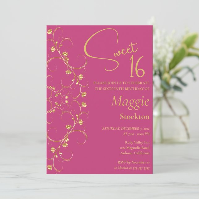 Floral Gold Border Sweet 16 Invitation (Standing Front)