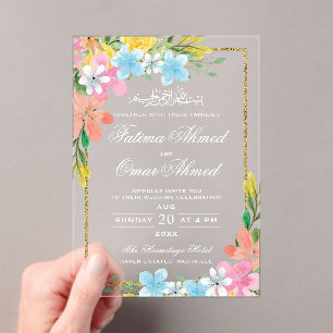 Floral Gold Border White Islamic Muslim Wedding Acrylic Invitations
