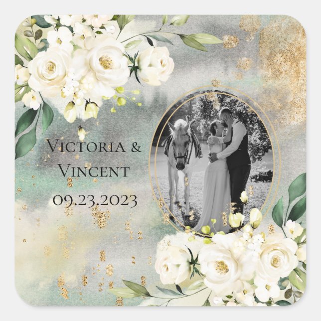 Floral Gold Botanical Cream Photo Names Wedding Square Sticker (Front)