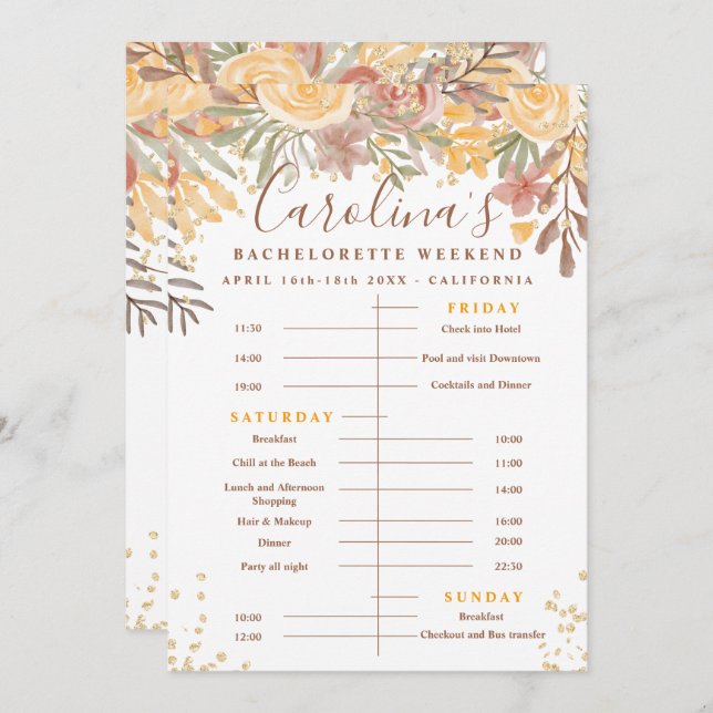 Floral gold brown time line bachelorette weekend invitation (Front/Back)