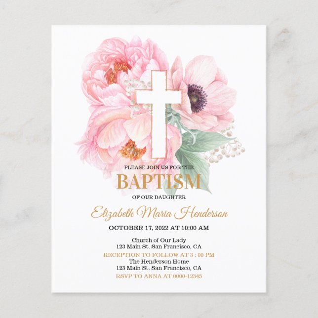 Floral & Gold/BUDGET- Girl Baptism Invitation. Flyer (Front)
