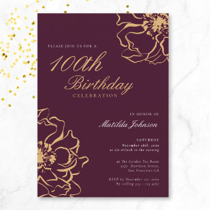 Floral Gold Burgundy 100th Birthday Invitation