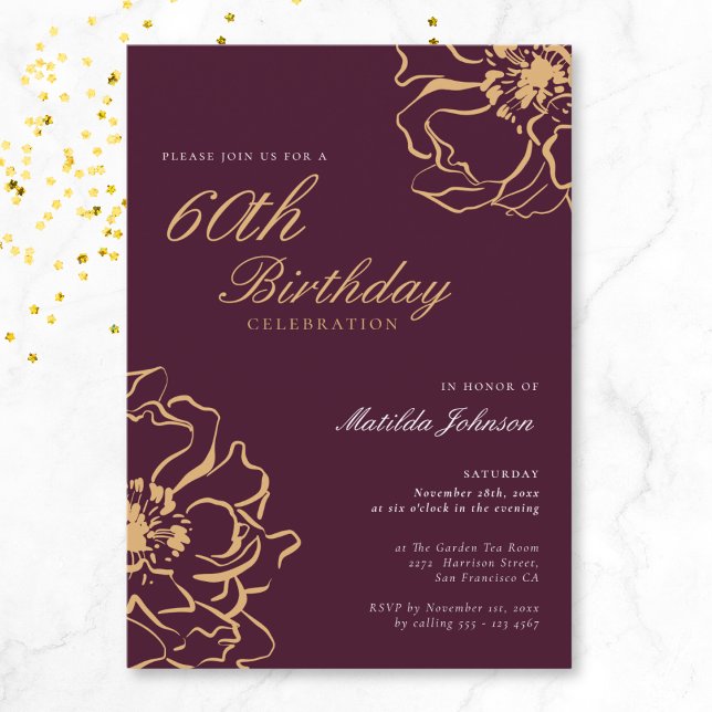 Floral Gold Burgundy 60th Birthday Invitation (Floral Gold Burgundy 60th Birthday Invitation)