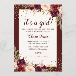 Floral Gold Burgundy Baby Shower Invitation