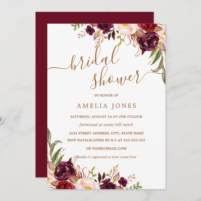 Floral Gold Burgundy Confetti Bridal Shower Invitation (Front/Back)