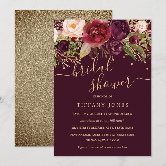 Floral Gold Burgundy Confetti Bridal Shower Invitation (Front/Back)