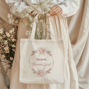 Floral Gold Burgundy Rose Flower Girl with Name Tote Bag