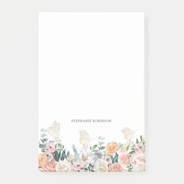 Floral Gold Butterfly Monogram Personalised  Post-it Notes (Front)