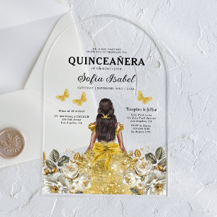 Floral Gold Butterfly Princess Quinceanera Acrylic Invitations