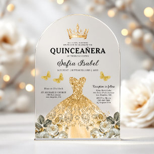 Floral Gold Butterfly Princess Quinceanera Acrylic Invitations
