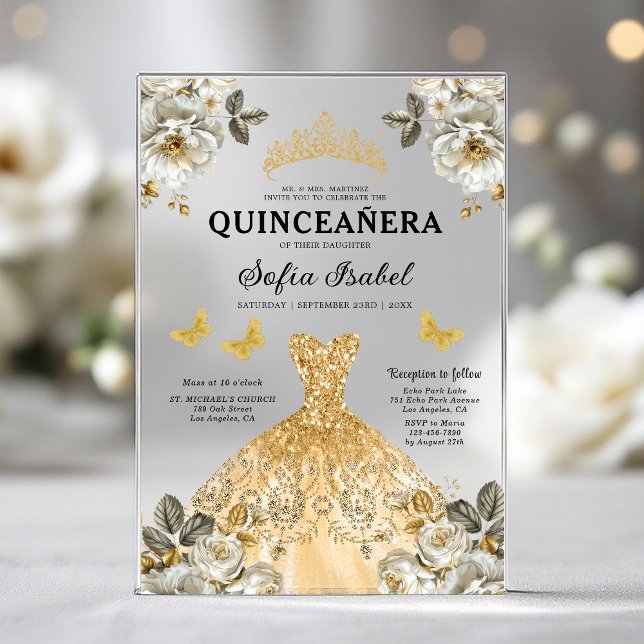 Floral Gold Butterfly Princess Quinceanera Acrylic Invitations (Creator Uploaded)