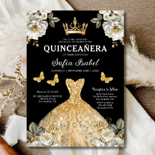 Floral Gold Butterfly Princess Quinceanera Invitation