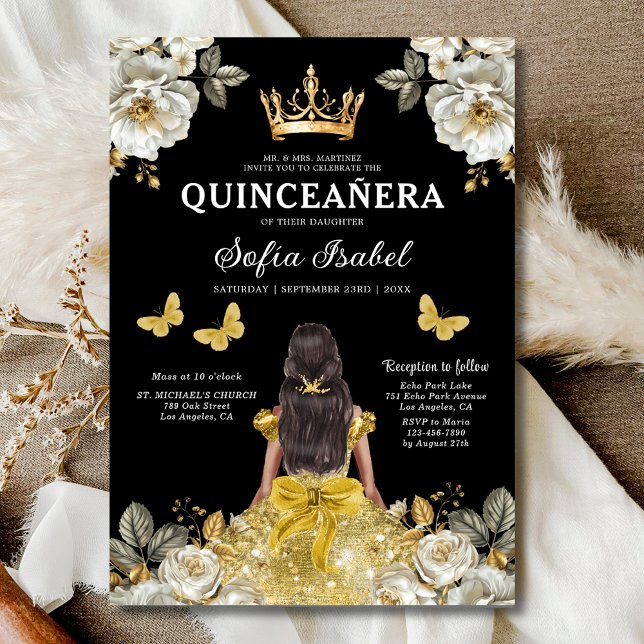 Floral Gold Butterfly Princess Quinceanera Invitation (Creator Uploaded)