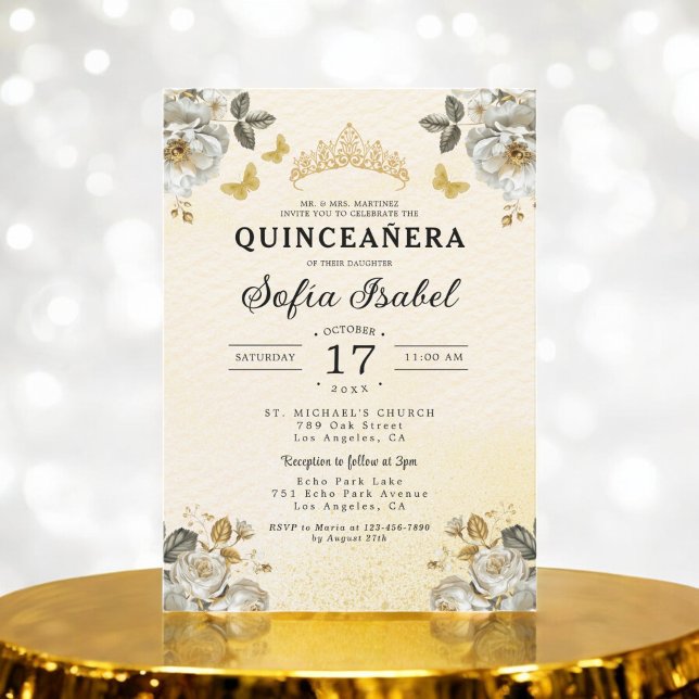 Floral Gold Butterfly Princess Quinceanera Invitation (Creator Uploaded)