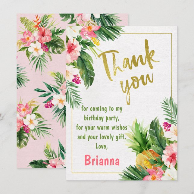 Floral Gold Calligraphy Birthday Thank You Card (Front/Back)