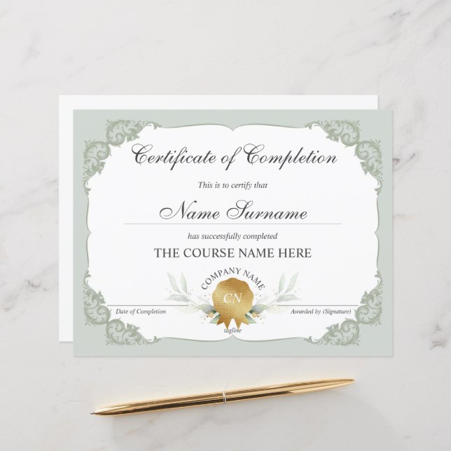 Floral Gold Certificate of Completion Award Course (Front/Back In Situ)