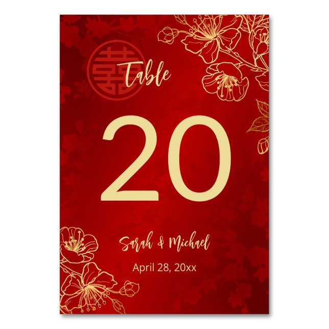 Floral Gold Chinese Wedding  Table Number (Front)