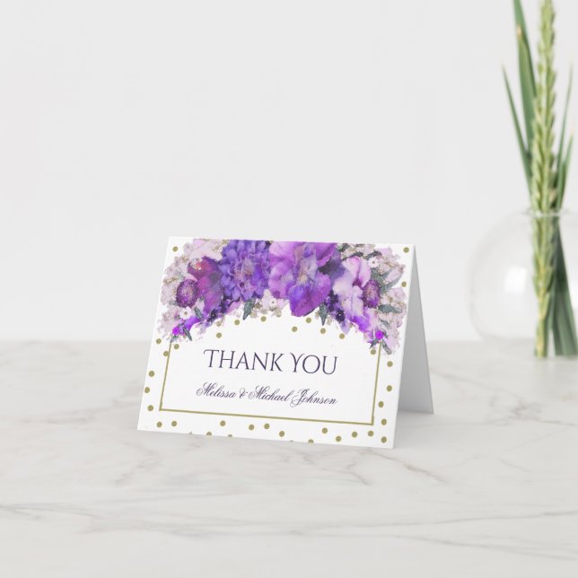 Floral Gold Confetti Purple Thank You Card (Front)