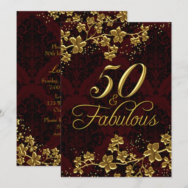 Floral Gold Dark Red 50 Fabulous Birthday Invitation (Front/Back)