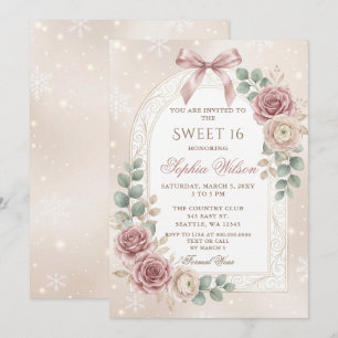 Floral Gold Dusty Rose Bow Snowflakes Sweet 16 Invitation