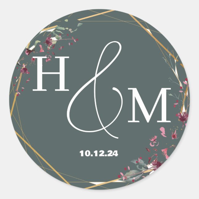 Floral Gold Elegant Modern Monogrammed Wedding Classic Round Sticker (Front)