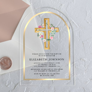 Floral Gold Eucalyptus Wood Cross Arch Baptism Acrylic Invitations
