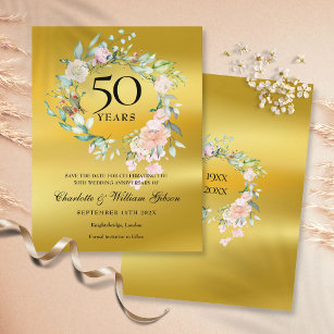 Floral Gold Foil 50th Anniversary Save the Date Announcement Postcard