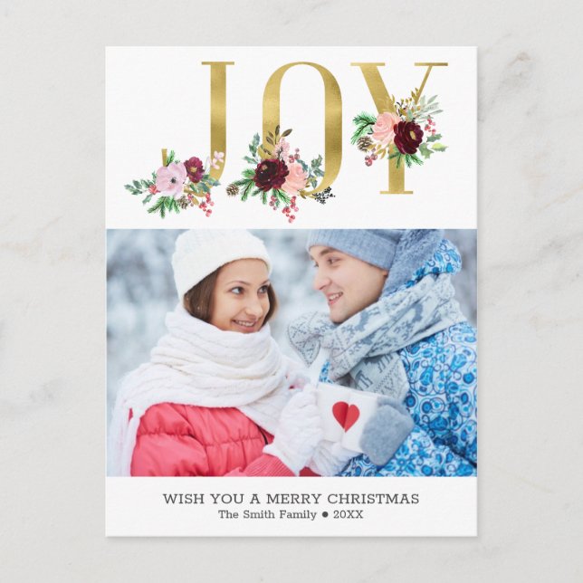 Floral Gold Foil Joy Custom Photo Christmas Postcard (Front)