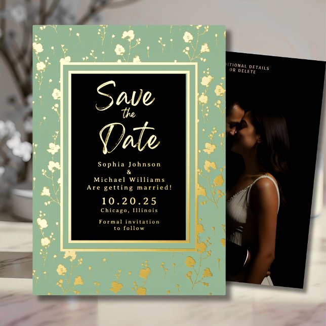 Floral Gold Foil Save the Date Photo Sage Green  Foil Holiday Card (Creator Uploaded)