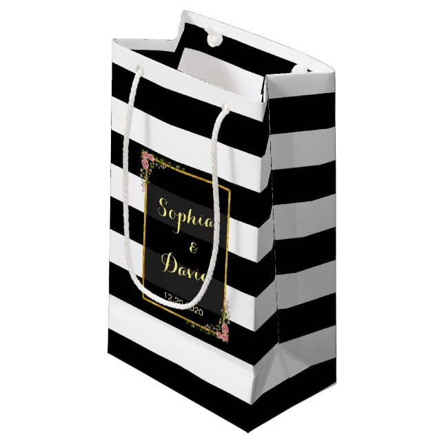 Floral Gold Foil Stripe Wedding Favour Bag (Front Angled)